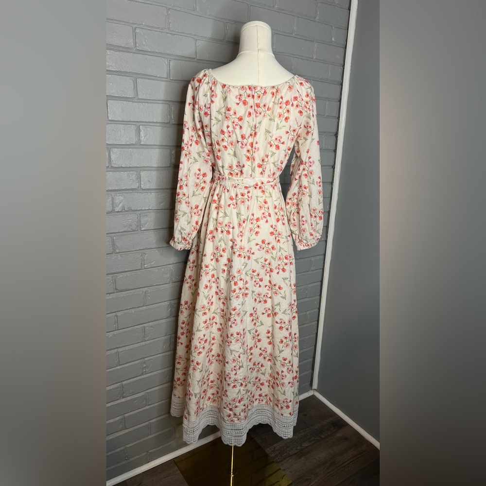 Linen Vibes Floral Tie-Waist Maxi Dress in Cream and Coral Lace Hem Size XS - Picture 9 of 13